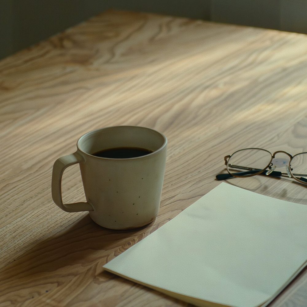 Sage ceramic mug, reading glasses and papers on a desk