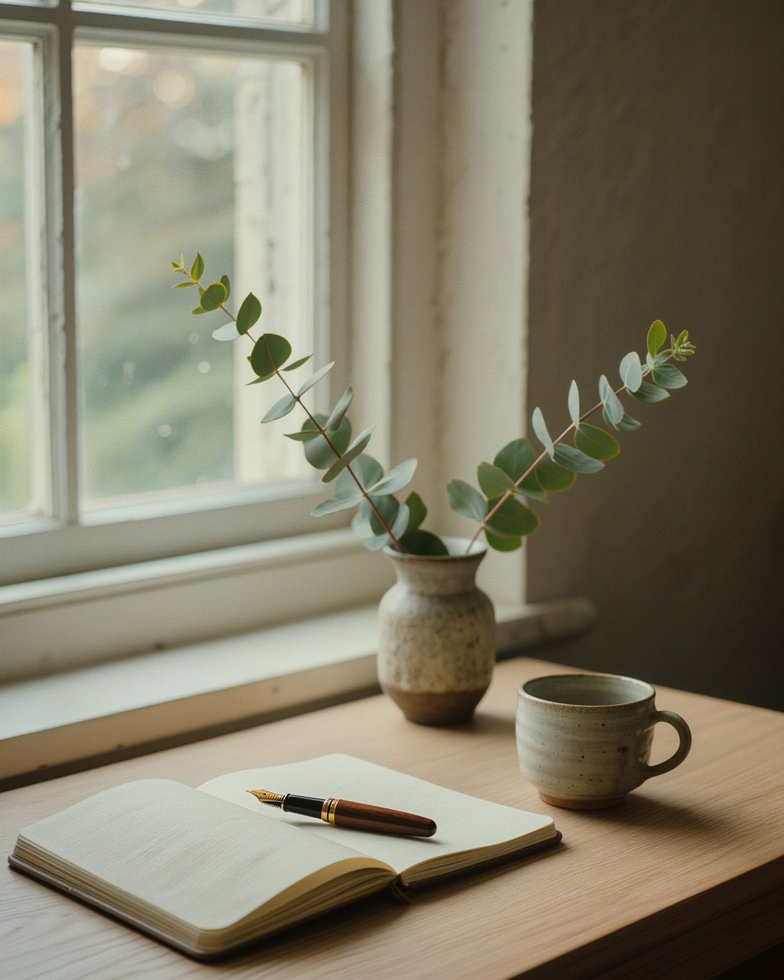A calm, organised workspace by a window